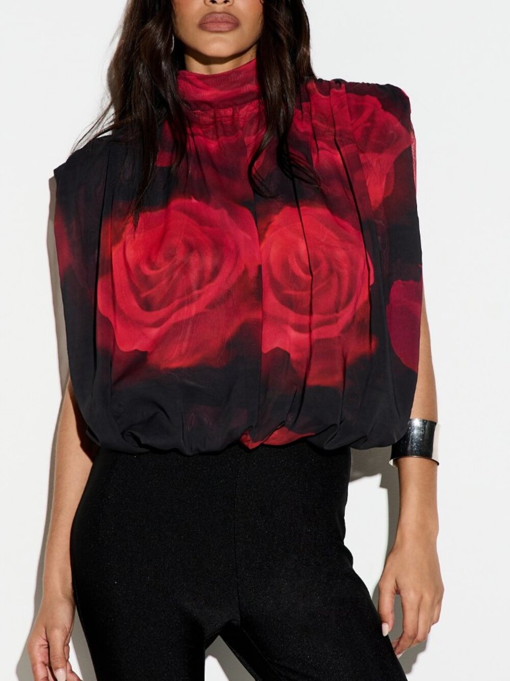Multicolor Women's Sheer Stand Collar Ruched Loose Fit floral Top
